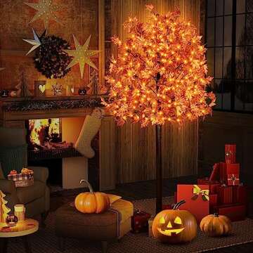 7FT 170 LED Lighted Maple Tree - Thanksgiving Decor Artificial Fall Tree with 17 Branches, 17 Acorns 340 Leaves, Remote 8 Flashing Modes, Timing, DC 5V Safe for Outdoor Wedding Party Autumn Decor…