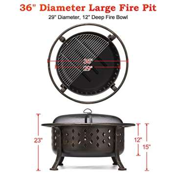 SINGLYFIRE 36 Inch Fire Pits for Outside Large Outdoor Wood Burning Crossweave firepit Heavy Duty Steel Bronze Bonfire Pit for Patio Backyard Garden with BBQ Grate,Spark Screen,Log Grate,Poker