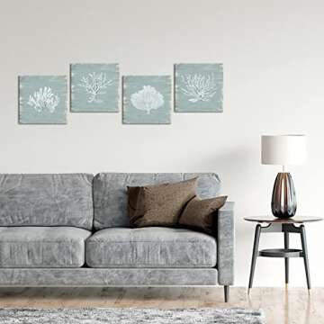 HOMEOART Coastal Pictures Coral Painting Canvas Wall Art Bathroom Decor Picture Beach Theme Artwork Home Decor Framed Ready to Hang 12"x12"x4 Pieces