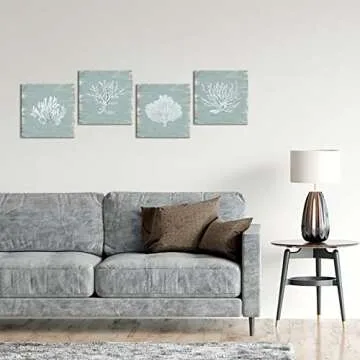 HOMEOART Coastal Pictures Coral Painting Canvas Wall Art Bathroom Decor Picture Beach Theme Artwork Home Decor Framed Ready to Hang 12"x12"x4 Pieces