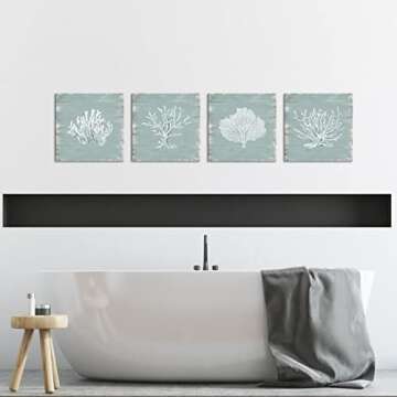 HOMEOART Coastal Pictures Coral Painting Canvas Wall Art Bathroom Decor Picture Beach Theme Artwork Home Decor Framed Ready to Hang 12"x12"x4 Pieces