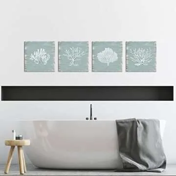 HOMEOART Coastal Pictures Coral Painting Canvas Wall Art Bathroom Decor Picture Beach Theme Artwork Home Decor Framed Ready to Hang 12"x12"x4 Pieces