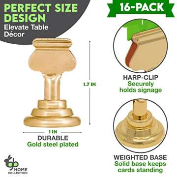 Gray Bunny Table Number Holders - (16 pc, 1.7 in) Gold Metal Harp Clip Place Card Holders, Table Num...