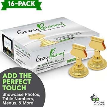 Gray Bunny Table Number Holders - (16 pc, 1.7 in) Gold Metal Harp Clip Place Card Holders, Table Number Stands for Photos, Wedding Decor, Menus, Food Recipes, Birthdays, Events, Pictures Placecards