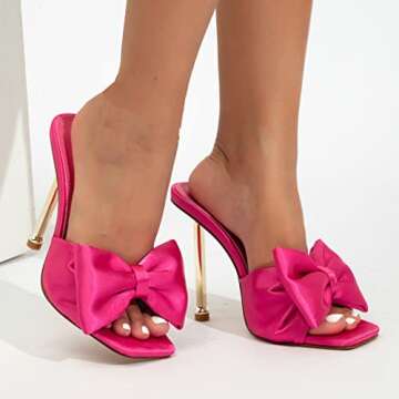 KOKOMOMO Womens Bow High Heels Square Open Toe Stiletto Mules Sandals,Size 7 Hot Pink