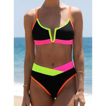 popvil Women's Sexy V Neck Bikini Sets High Waisted Bathing Suit Neon Color Block Swimsuits Black Sm...