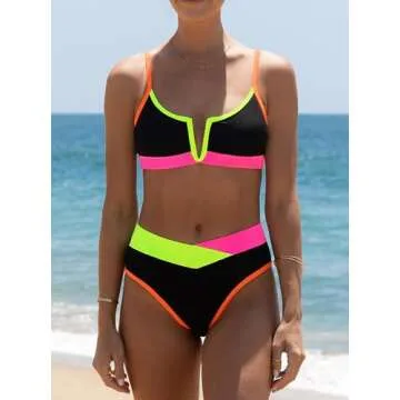 popvil Women's Sexy V Neck Bikini Sets High Waisted Bathing Suit Neon Color Block Swimsuits Black Small