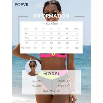 popvil Women's Sexy V Neck Bikini Sets High Waisted Bathing Suit Neon Color Block Swimsuits Black Small