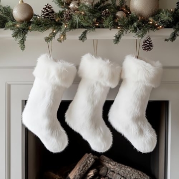 AOGU 3 Pack 18 Inch Snowy White Christmas Stockings Faux Fur Xmas Christmas Stockings Hanging Orname...