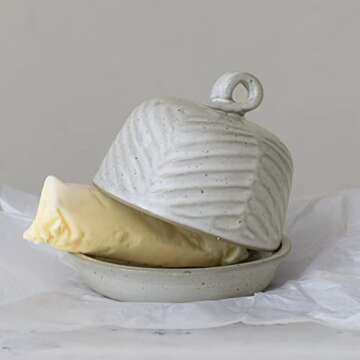 Creative Co-Op Embossed Stoneware Domed Dish with Handle, White Reactive Glaze Food Storage, 6" L x ...