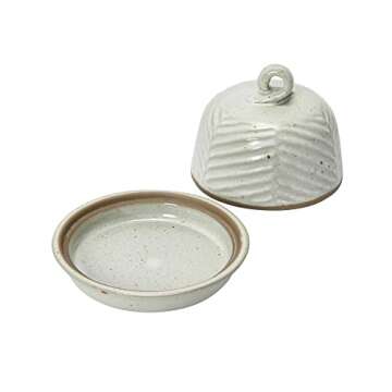 Creative Co-Op Embossed Stoneware Domed Dish with Handle, White Reactive Glaze Food Storage, 6" L x 6" W x 5" H, Multicolor