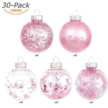 Sea Team 60mm/2.36" Shatterproof Clear Plastic Christmas Tree Ball Ornaments Set, Decorative Hanging Transparent Xmas Baubles with Stuffed Delicate Decorations (30 Counts, Pink)