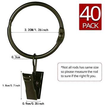Window Hardware Clip Rings Metal Curtain Rings with Clips 40 Pcs Rustproof Drapery Clip Rings 1.26 Inch Interior Diameter Curtain Rings Hook (Open Loop with Clip)