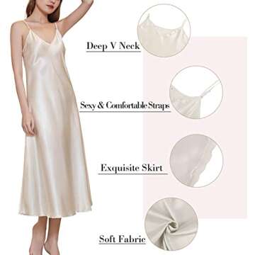 Gulposa Womens Satin Nightgown Silk Slip Dress Sleepwear Sexy V Neck Negligee Lingerie Long Nightwea...