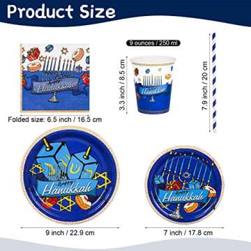 durony 121 Pieces Hanukkah Tableware Set Including Disposable Tablecloth 7 Inch and 9 Inch Paper Plates Cups Napkins Straws Blue and White Hanukkah Themed Party Supplies, Serves 24