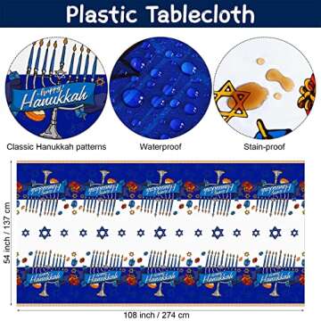 durony 121 Pieces Hanukkah Tableware Set Including Disposable Tablecloth 7 Inch and 9 Inch Paper Plates Cups Napkins Straws Blue and White Hanukkah Themed Party Supplies, Serves 24