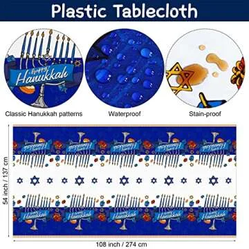 durony 121 Pieces Hanukkah Tableware Set Including Disposable Tablecloth 7 Inch and 9 Inch Paper Plates Cups Napkins Straws Blue and White Hanukkah Themed Party Supplies, Serves 24