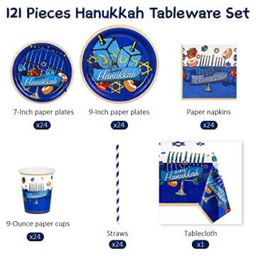 durony 121 Pieces Hanukkah Tableware Set Including Disposable Tablecloth 7 Inch and 9 Inch Paper Plates Cups Napkins Straws Blue and White Hanukkah Themed Party Supplies, Serves 24