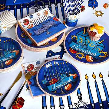 durony 121 Pieces Hanukkah Tableware Set Including Disposable Tablecloth 7 Inch and 9 Inch Paper Plates Cups Napkins Straws Blue and White Hanukkah Themed Party Supplies, Serves 24