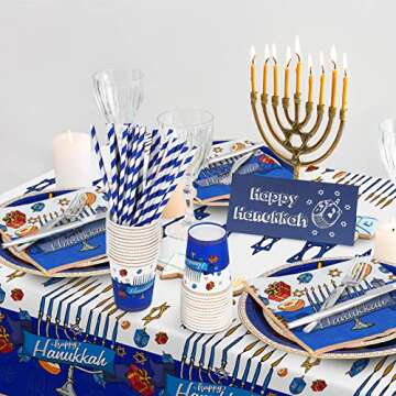 durony 121 Pieces Hanukkah Tableware Set Including Disposable Tablecloth 7 Inch and 9 Inch Paper Plates Cups Napkins Straws Blue and White Hanukkah Themed Party Supplies, Serves 24