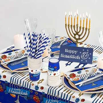 durony 121 Pieces Hanukkah Tableware Set Including Disposable Tablecloth 7 Inch and 9 Inch Paper Plates Cups Napkins Straws Blue and White Hanukkah Themed Party Supplies, Serves 24