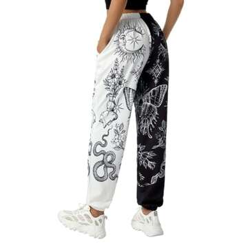 Amuver Women's Boho Hippie Harem Pants High Smocked Waist Printed Patchwork Sweatpants Yoga 90S Goth Baggy Casual Trousers White/Black