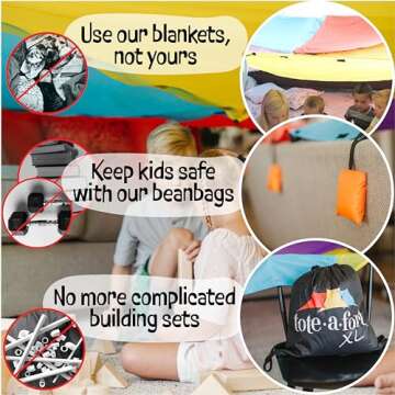 Tote a Fort Original XL Blanket Fort Building Kit - Portable Playhouse Play Tent Fort - Indoor & Outdoor Toy Set for Ages 4-12+ - STEM Toy - 4 Blanket Set