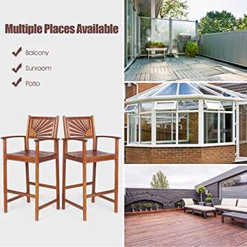 COSTWAY Bar Stools Set of 2, Outdoor Acacia Wood Bar Chairs with Sunflower Backrest, Curved Armrests & Breathable Seat, Ideal for Balcony, Sunroom, Patio, Easy Assembly