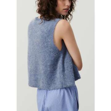 Women Y2K Knit Vest Vintage Casual Sleeveless Button Down Knitted Basic Tank Tops Sweater Top Blouse Streetwear (Light Blue, S)