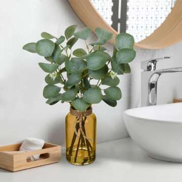 Briful Artificial Eucalyptus Stems in Amber Glass Vase with Faux Water, 14" Fake Plant Eucalyptus Leaves for Home Office Farmhouse Wedding Centerpiece Décor