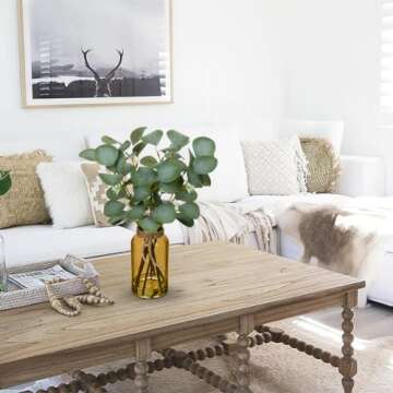 Briful Artificial Eucalyptus Stems in Amber Glass Vase with Faux Water, 14" Fake Plant Eucalyptus Leaves for Home Office Farmhouse Wedding Centerpiece Décor