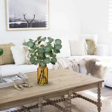 Briful Artificial Eucalyptus Stems in Amber Glass Vase with Faux Water, 14" Fake Plant Eucalyptus Leaves for Home Office Farmhouse Wedding Centerpiece Décor