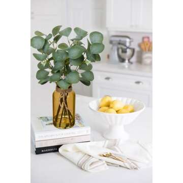 Briful Artificial Eucalyptus Stems in Amber Glass Vase with Faux Water, 14" Fake Plant Eucalyptus Leaves for Home Office Farmhouse Wedding Centerpiece Décor