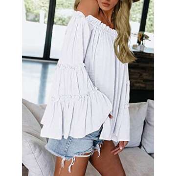 Womens Off The Shoulder Long Bell Sleeve Tops Flared Casual Loose Blouse (Z White, Medium)