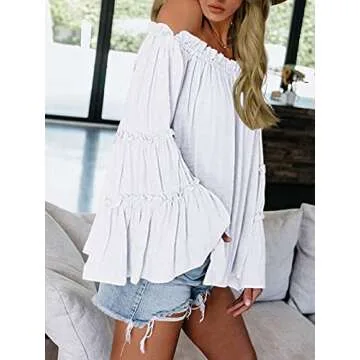 Womens Off The Shoulder Long Bell Sleeve Tops Flared Casual Loose Blouse (Z White, Medium)