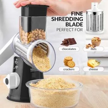 Zulay Rotary Cheese Grater 3 Blade Cheese Shredder - Manual Hand Crank Cheese Grater With Reinforced Suction & 3 Interchangeable Drums - Easy to Use Vegetable Chopper - Ivory Onyx
