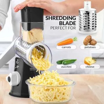 Zulay Rotary Cheese Grater 3 Blade Cheese Shredder - Manual Hand Crank Cheese Grater With Reinforced Suction & 3 Interchangeable Drums - Easy to Use Vegetable Chopper - Ivory Onyx