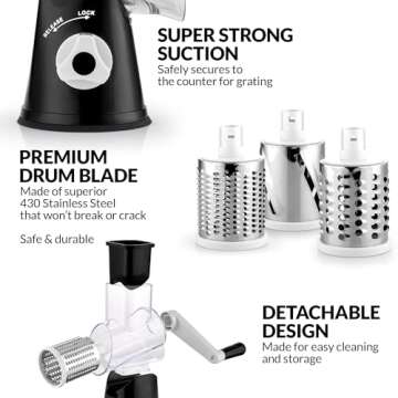 Zulay Rotary Cheese Grater 3 Blade Cheese Shredder - Manual Hand Crank Cheese Grater With Reinforced Suction & 3 Interchangeable Drums - Easy to Use Vegetable Chopper - Ivory Onyx