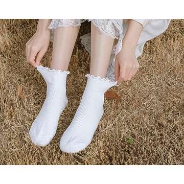 SRYL Women Ankle Socks Ruffle Turn-Cuff,Low Cut Socks Knit Cotton Lettuce Dress Socks (White-3 Pairs,low Cut)