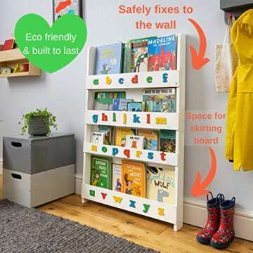 Tidy Books® Children’s Bookshelf 43.3” x 30.3” x 2.8” - The Original Handmade Classic Book Storage Solution for Kids Age 0-10 - 4 Shelves - White with Rainbow Letters