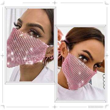 EVILD Sparkly Rhinestone Mesh Face Mask Masquerade Ball Party Mardi Gras Jewelry Mouth Cover for Women and Girls (Pink)