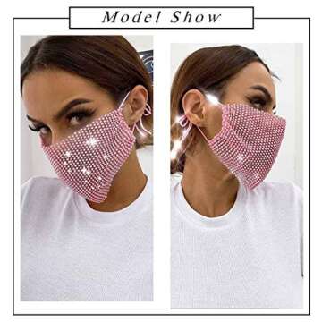 EVILD Sparkly Rhinestone Mesh Face Mask Masquerade Ball Party Mardi Gras Jewelry Mouth Cover for Women and Girls (Pink)