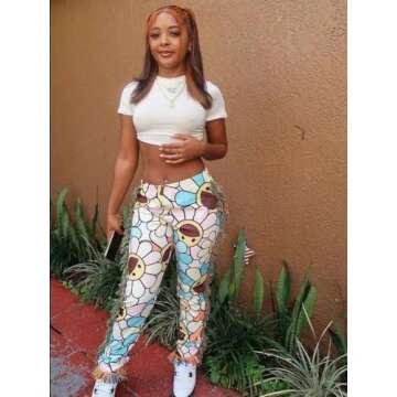 NIFTRIRY Women Hippie Tassel Pattern Printing Elastic Pants Folk Style Ninth Straight Pants Party Music Festival Wear