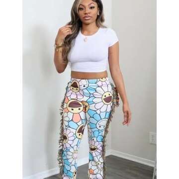 NIFTRIRY Women Hippie Tassel Pattern Printing Elastic Pants Folk Style Ninth Straight Pants Party Music Festival Wear