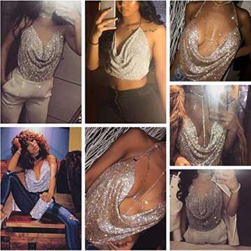 RARITYUS Rave Women Sexy Tank Top Shiny Rhinestone Deep V Neck Chain Crop Top Shirt for Night Club P...