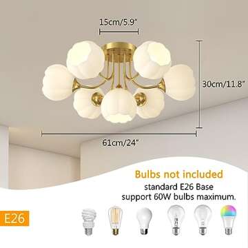 Qufute 7-Light Glass Ceiling Light Gold Modern Flush Mount Chandelier Ceiling Lights White Flower-Sh...
