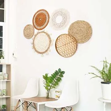 Nuenen Boho Wall Baskets Decor Set of 6 Flat Woven Basket Wall Hanging Decor Round Tassels Macrame Tapestry Wall Decor Art Rattan Wicker Seagrass Home Wall Baskets Decor(Classic Style)