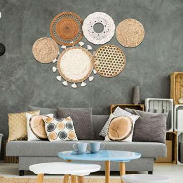Nuenen Boho Wall Baskets Decor Set of 6 Flat Woven Basket Wall Hanging Decor Round Tassels Macrame Tapestry Wall Decor Art Rattan Wicker Seagrass Home Wall Baskets Decor(Classic Style)