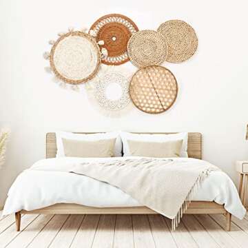 Nuenen Boho Wall Baskets Decor Set of 6 Flat Woven Basket Wall Hanging Decor Round Tassels Macrame Tapestry Wall Decor Art Rattan Wicker Seagrass Home Wall Baskets Decor(Classic Style)