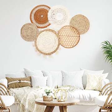 Nuenen Boho Wall Baskets Decor Set of 6 Flat Woven Basket Wall Hanging Decor Round Tassels Macrame Tapestry Wall Decor Art Rattan Wicker Seagrass Home Wall Baskets Decor(Classic Style)